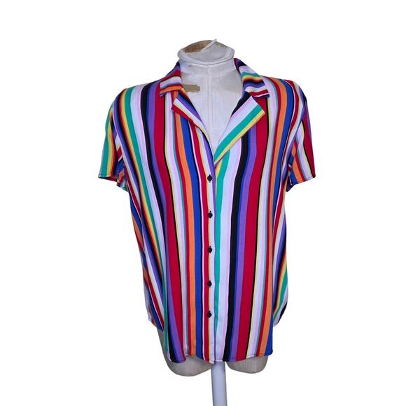 Forever 21 Striped Blouse Button Up Short Sleeve Shirt Womens medium colorful - Picture 1 of 5